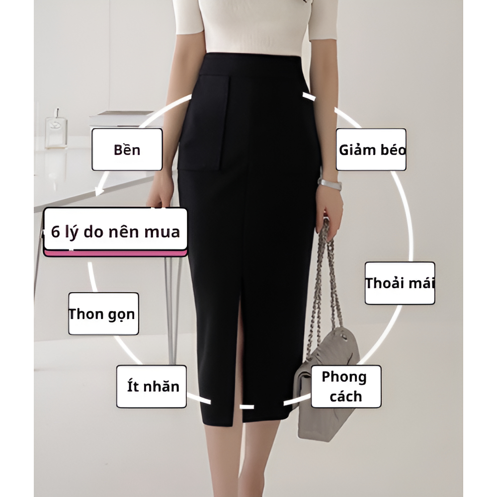 Chân Váy Thiết Kế Bút Chì Sẻ Trước Phối Túi Che Khuyết Điểm Bụng Thời Trang Công Sở 2024_Váy Dài 70cm_2 Lớp_CV114SNT