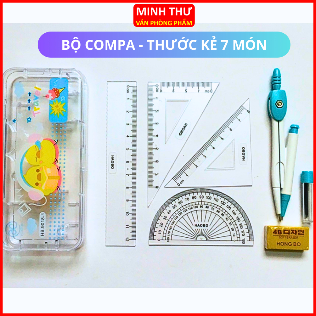 Bộ compa và thước kẻ 7 món - compa, eke, thước đo góc, thước thẳng, tẩy ...