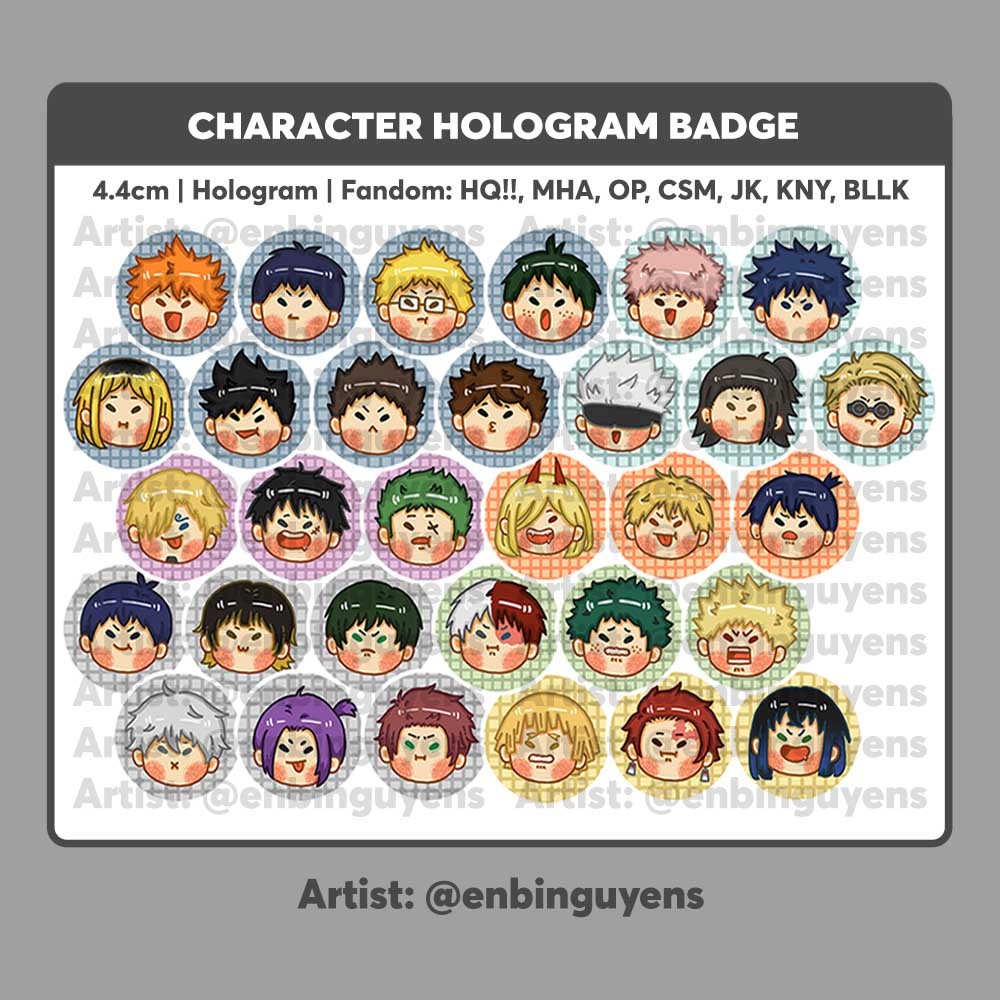 Huy hiệu badge anime lấp lánh MHA, HQ, CSM, KNY, OP, BLLK, JJK (artist ...