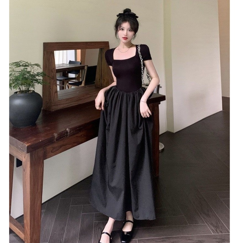 Đầm váy maxi đen dáng dài thiết kế cổ vuông bo eo hack dáng phong cách tiểu thư sang chảnh MT33 SP106