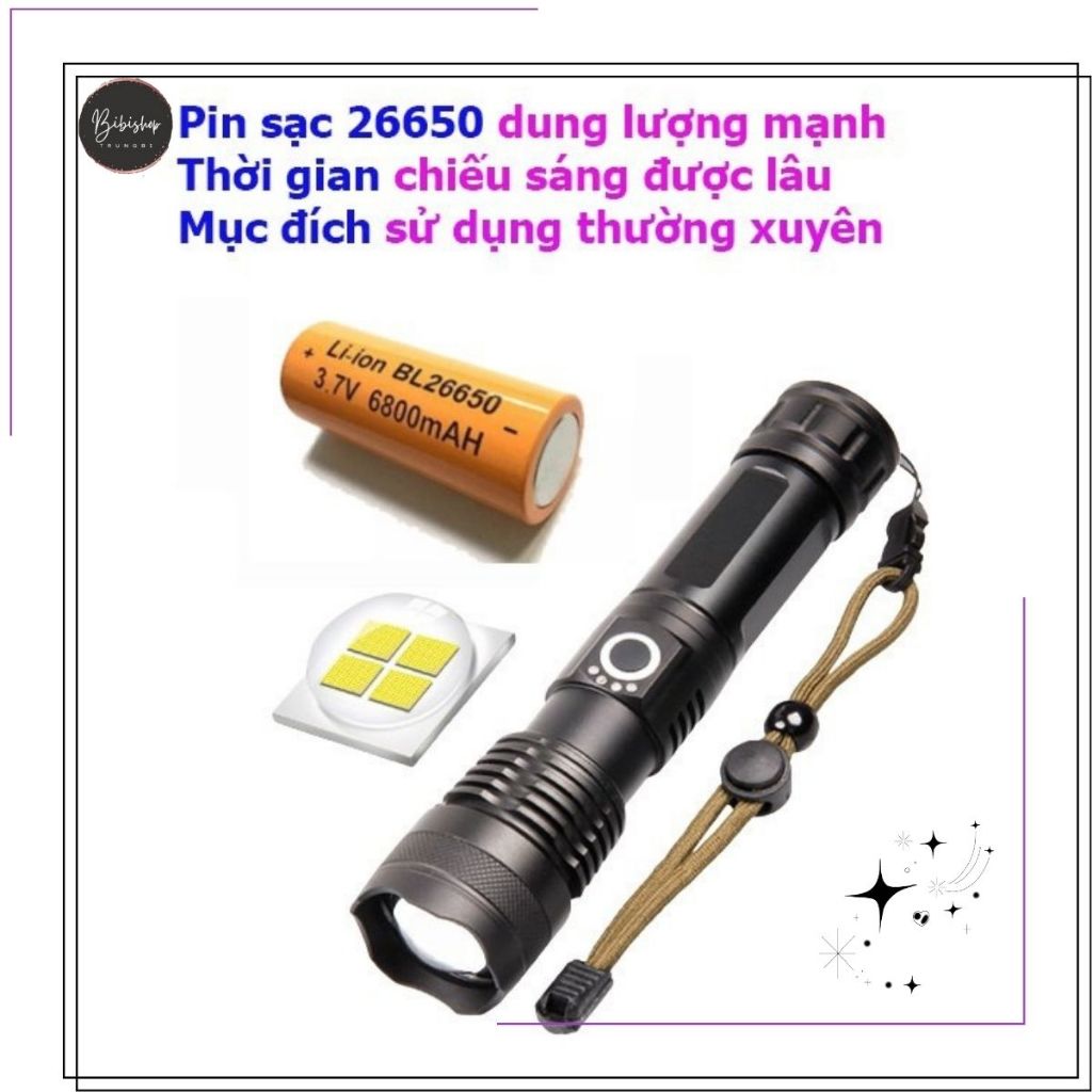 Đèn Pin XHP50 Siêu Sáng Cầm Tay Pin Trâu - Đèn siêu sáng mini, vỏ kim loại chống nước bền bỉ
