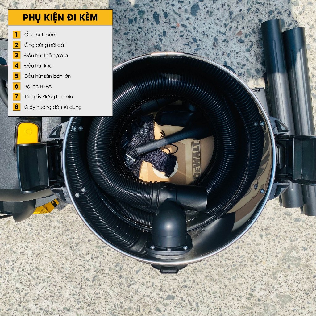 Máy hút bụi công nghiệp 3 chức năng ướt / khô / thổi 25L - 15Kpa Dewalt DXV25SA - Hàng chính hãng