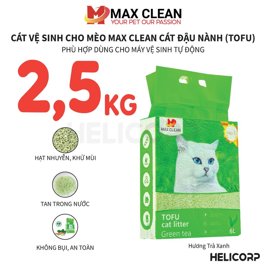 Ảnh Cát Mèo, Cát Vệ Sinh Cho Mèo Đậu Nành, Tofu Hạt Nhuyễn, Hạt Nhỏ Max Clean 2.5KG Hương Trà Xanh 1