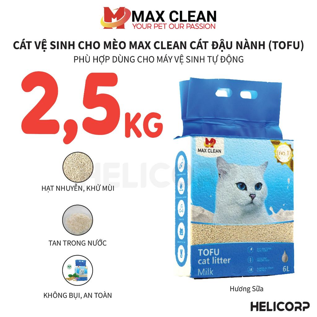 Ảnh Cát Mèo, Cát Vệ Sinh Cho Mèo Đậu Nành Hương Sữa, Tofu Hạt Nhuyễn, Hạt Nhỏ Max Clean 2.5KG - HeLiCorp 1