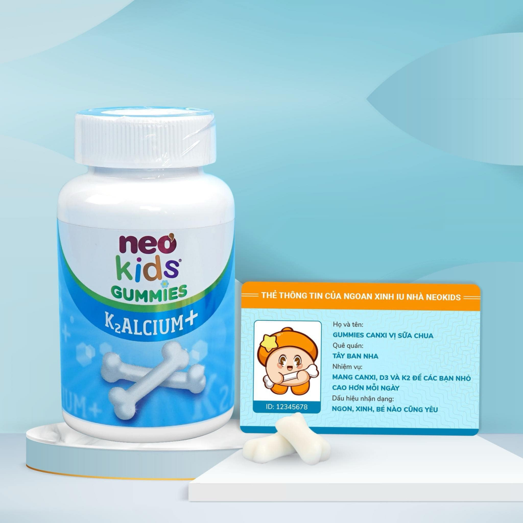 [Mua 3 tặng 1]Canxi Neo Kids Gummies K2ALCIUM+,bổ sung Canxi kết hợp vitamin D3 và K2 Giúp con cao lớn hộp 60 viên nhai