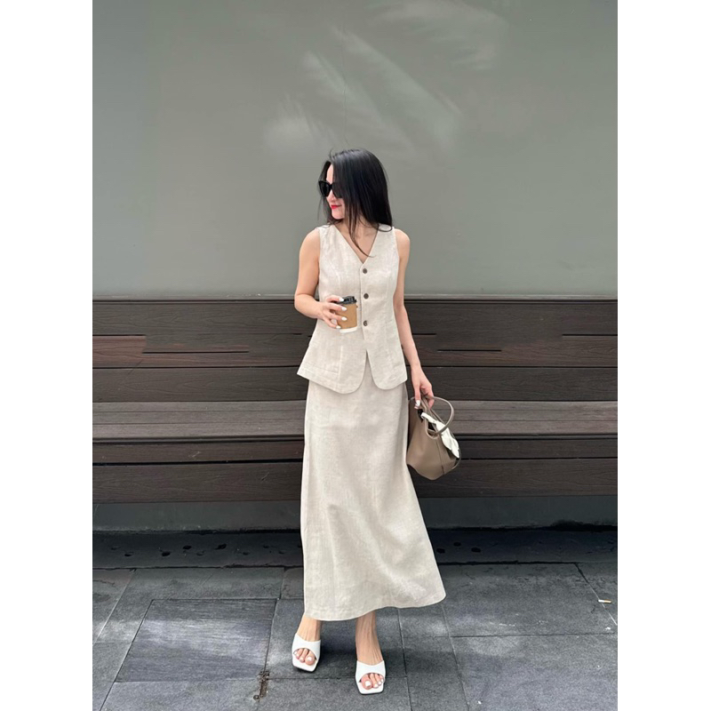 SET LINEN CHÂN VÁY DÀI MIX ÁO SÁT NÁCH CÓ TÚI 2 BÊN HÔNG CHÍT EO TÔN DÁNG PHONG CÁCH HÀN QUỐC SIÊU XINH | BigBuy360 - bigbuy360.vn