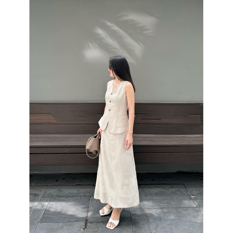 SET LINEN CHÂN VÁY DÀI MIX ÁO SÁT NÁCH CÓ TÚI 2 BÊN HÔNG CHÍT EO TÔN DÁNG PHONG CÁCH HÀN QUỐC SIÊU XINH | BigBuy360 - bigbuy360.vn