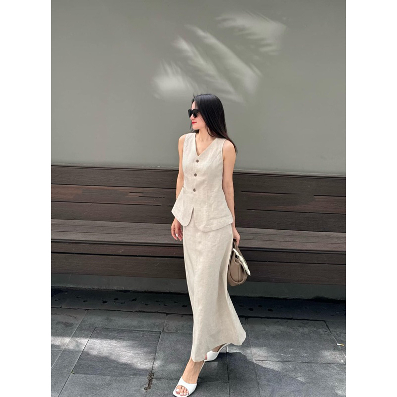 SET LINEN CHÂN VÁY DÀI MIX ÁO SÁT NÁCH CÓ TÚI 2 BÊN HÔNG CHÍT EO TÔN DÁNG PHONG CÁCH HÀN QUỐC SIÊU XINH | BigBuy360 - bigbuy360.vn