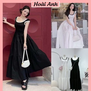 Đầm Kiểu Nữ Dáng Suông Sát Nách Phối Viền Tùng Dưới Bo Eo Váy Nữ Dáng Dài Freesize