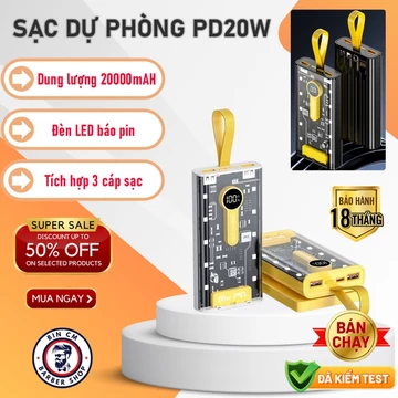 Sạc Dự Phòng Trong Suốt 20000mAh, Pin Sạc Dự Phòng PD20W Tích Hợp Sẵn 3 Cáp Sạc Màn LED Hiển Thị Pin Tiện Lợi