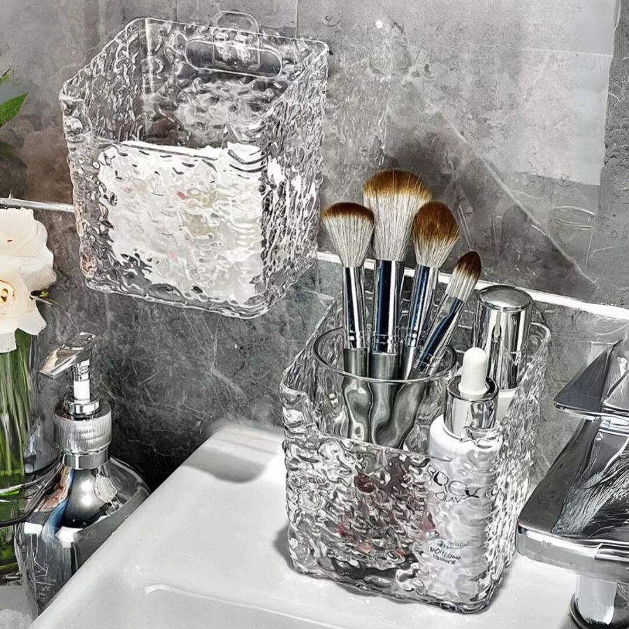 Khay Đựng Mỹ Phẩm Vân KIM CƯƠNG, Hộp Để Cọ Trang Điểm, Ống Để Bút 2 Ngăn Trong Suốt Để Bàn Siêu Đẹp