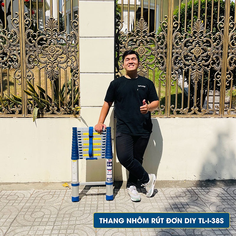 Thang nhôm rút đơn cao cấp DIY TL-I-38S chiều cao sử dụng tối đa 3.8m - Kèm ốp cao su chống trượt