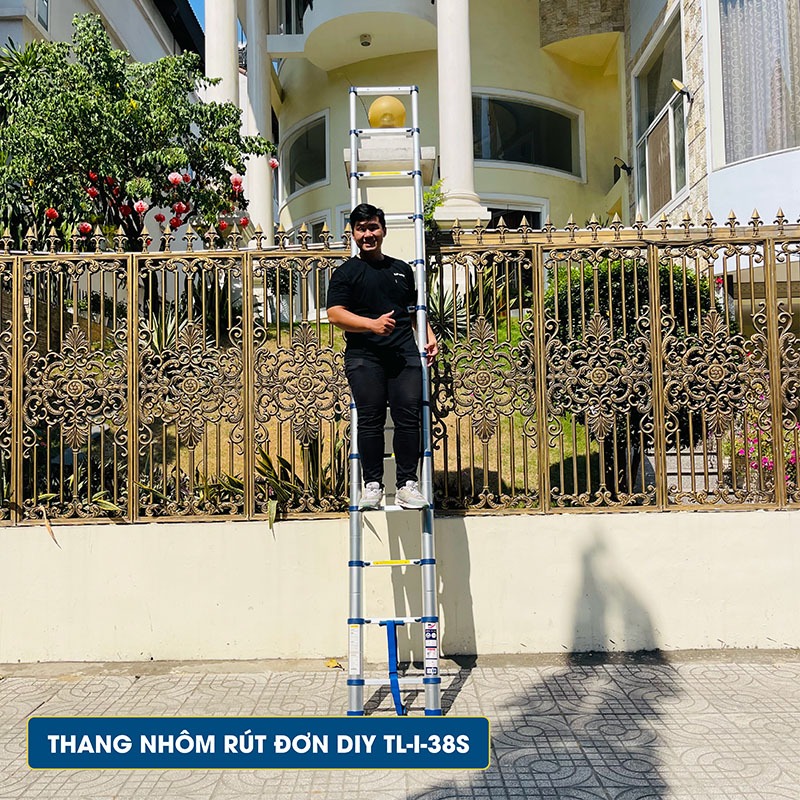 Thang nhôm rút đơn cao cấp DIY TL-I-38S chiều cao sử dụng tối đa 3.8m - Kèm ốp cao su chống trượt