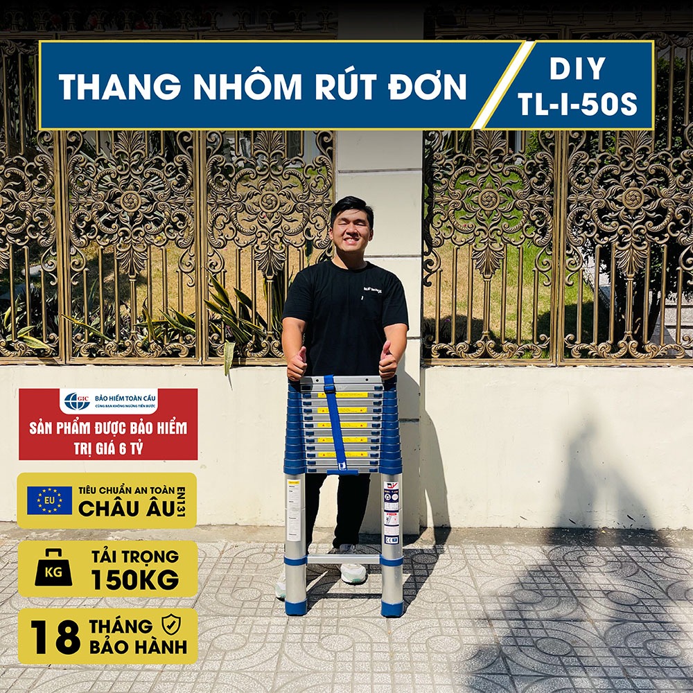 Thang nhôm rút đơn cao cấp DIY TL-I-50S chiều cao sử dụng tối đa 5.0m - Kèm ốp cao su chống trượt