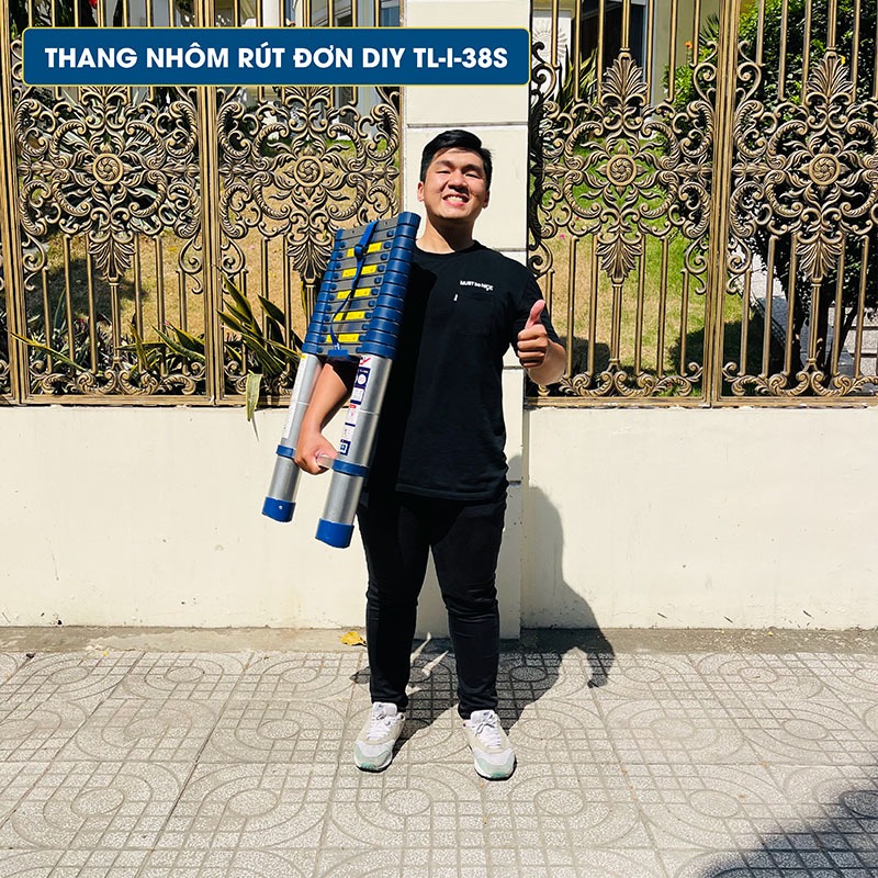 Thang nhôm rút đơn cao cấp DIY TL-I-38S chiều cao sử dụng tối đa 3.8m - Kèm ốp cao su chống trượt