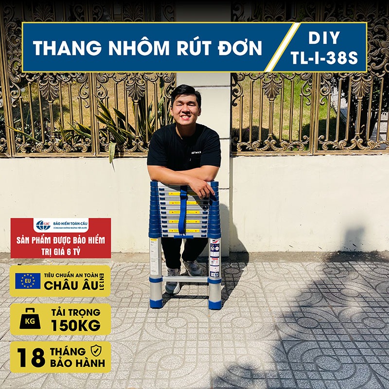Thang nhôm rút đơn cao cấp DIY TL-I-38S chiều cao sử dụng tối đa 3.8m - Kèm ốp cao su chống trượt