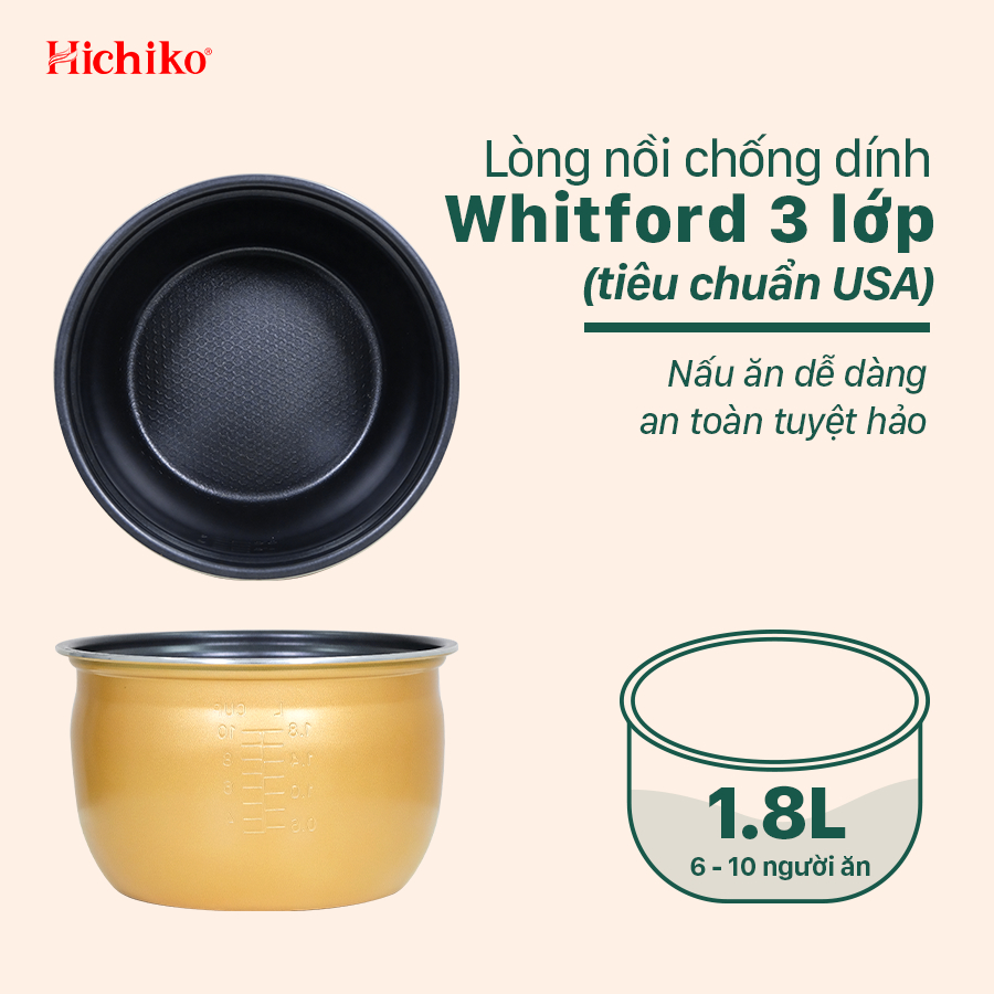 Nồi Nấu Cơm 1.8L Hichiko HC-1020 phù hợp dành cho gia đình 6 - 10 người