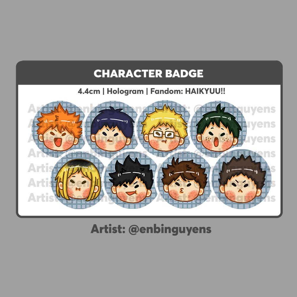 Huy hiệu badge anime lấp lánh MHA, HQ, CSM, KNY, OP, BLLK, JJK (artist ...