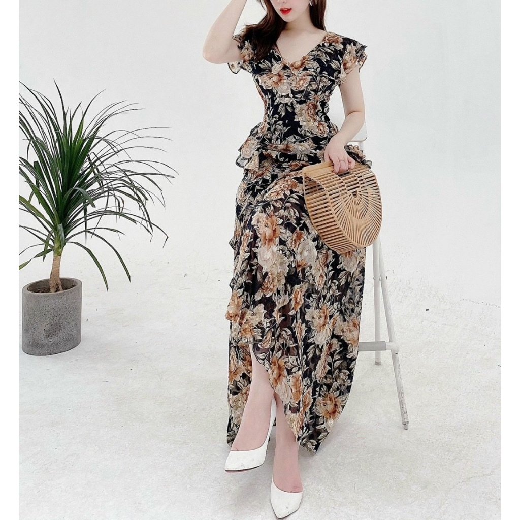 Đầm maxi tơ dáng dài cổ thuyền màu hoa đen huyền bí A2031
