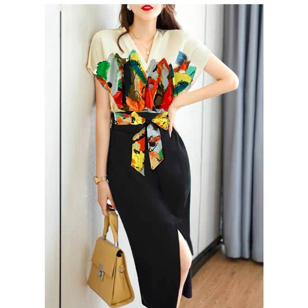 Đầm lụa Satin phối lụa kèm belt liền A2084