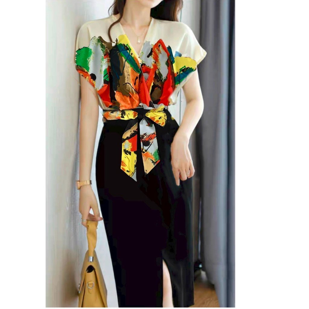 Đầm lụa Satin phối lụa kèm belt liền A2084