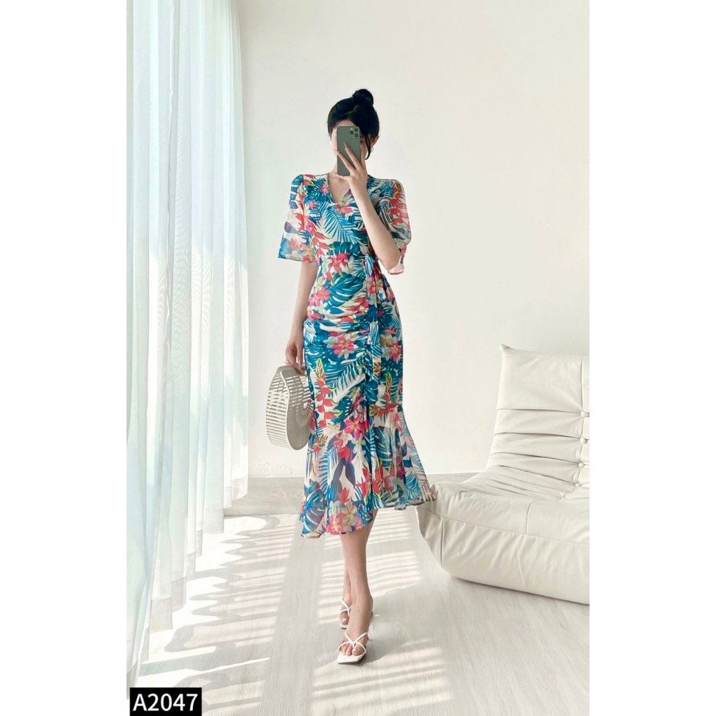 Set bộ hoa tơ cổ V áo crotop phôi chân váy đuôi cá A2047
