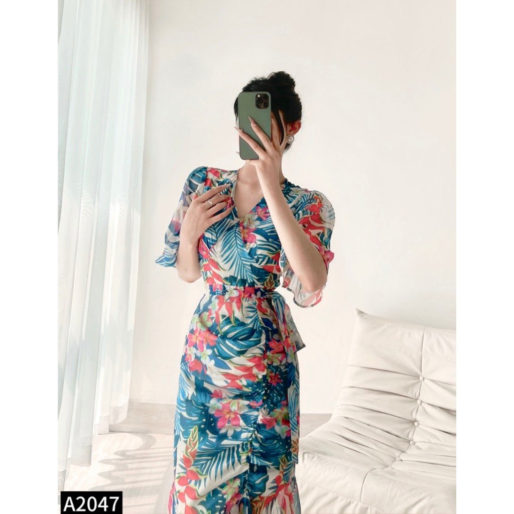 Set bộ hoa tơ cổ V áo crotop phôi chân váy đuôi cá A2047