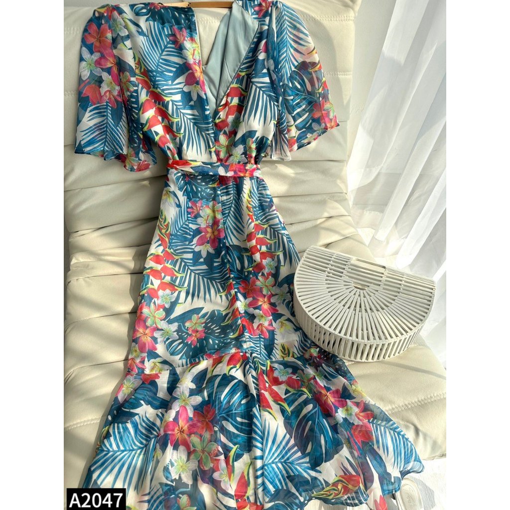 Set bộ hoa tơ cổ V áo crotop phôi chân váy đuôi cá A2047