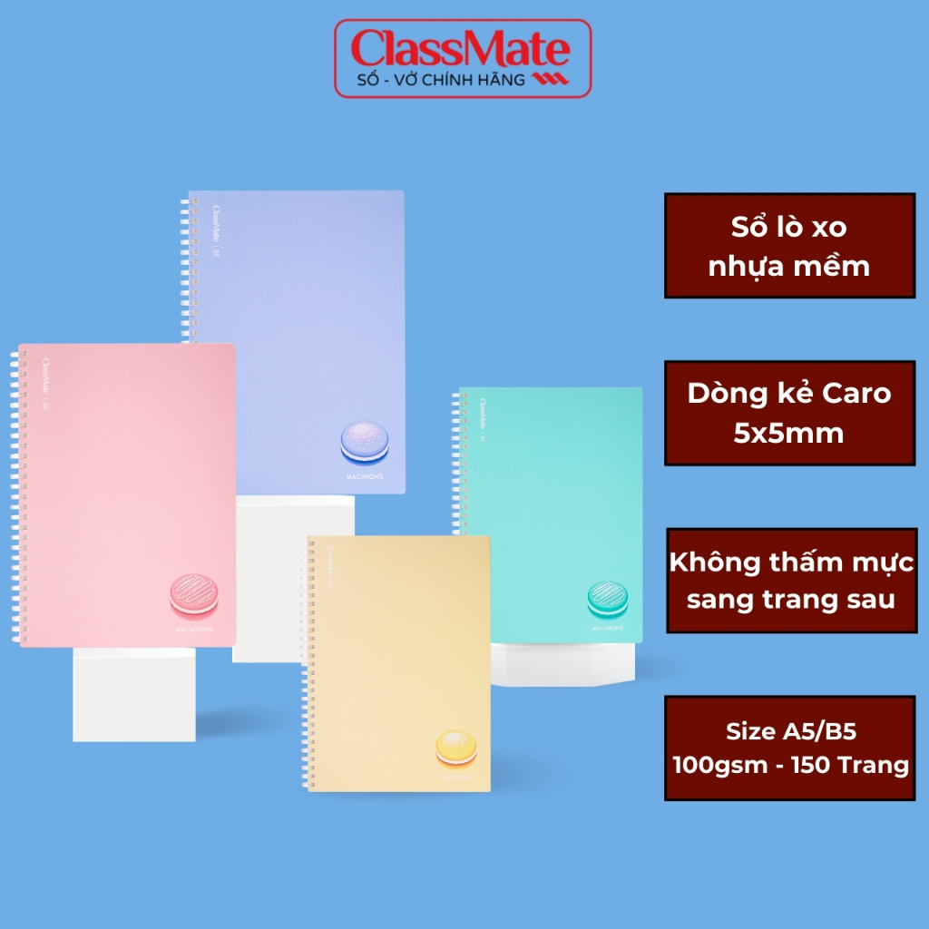 Sổ Lò Xo Nhựa Mềm 100GSM Tỳ Lên Không Đau Tay Dòng Kẻ Caro 5mm, Sổ 150 Trang Sổ B5/A5 Thiết Kế Macarons Tập Vở Classmate