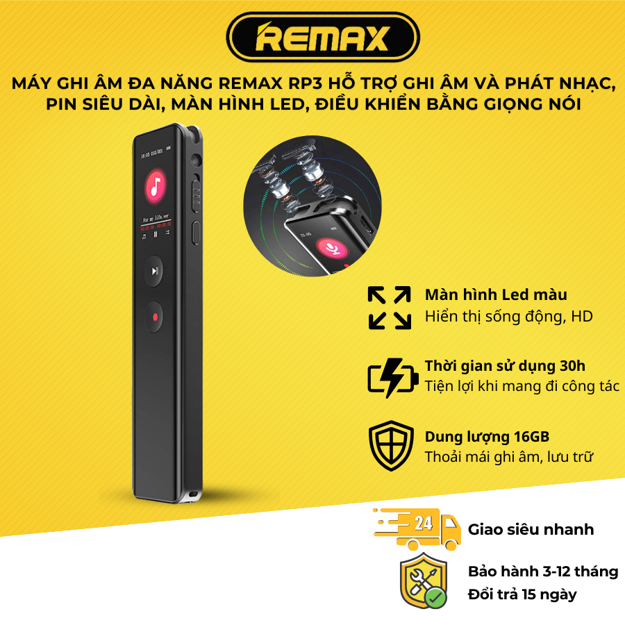 Máy ghi âm đa năng REMAX RP3 Hỗ trợ ghi âm và phát nhạc, pin siêu dài ...