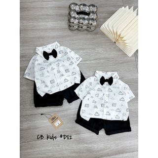Bộ sơ mi họa tiết oto kèm nơ cho bé - set công tử cho bé trai 8-28kg