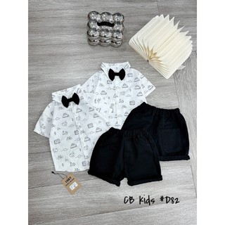 Bộ sơ mi họa tiết oto kèm nơ cho bé - set công tử cho bé trai 8-28kg