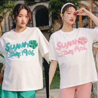 Áo phông bầu chữ đính hoa, mặc trước và sau xinh chất cotton co dãn 4 chiều
