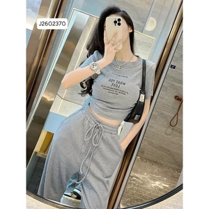 Set bộ thun thể thao nữ, set bộ thun tăm lạnh áo tay ngắn croptop in chữ mix quần dài ống rộng cá tính mtb