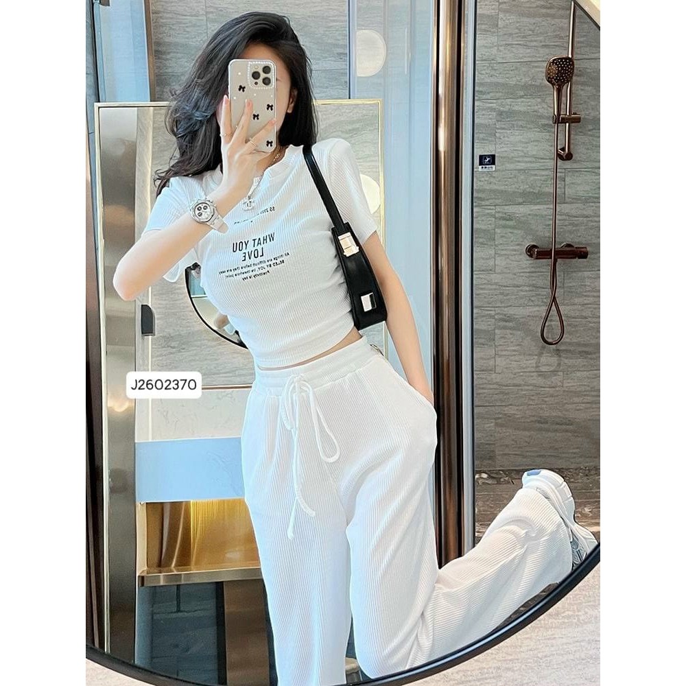Set bộ thun thể thao nữ, set bộ thun tăm lạnh áo tay ngắn croptop in chữ mix quần dài ống rộng cá tính mtb