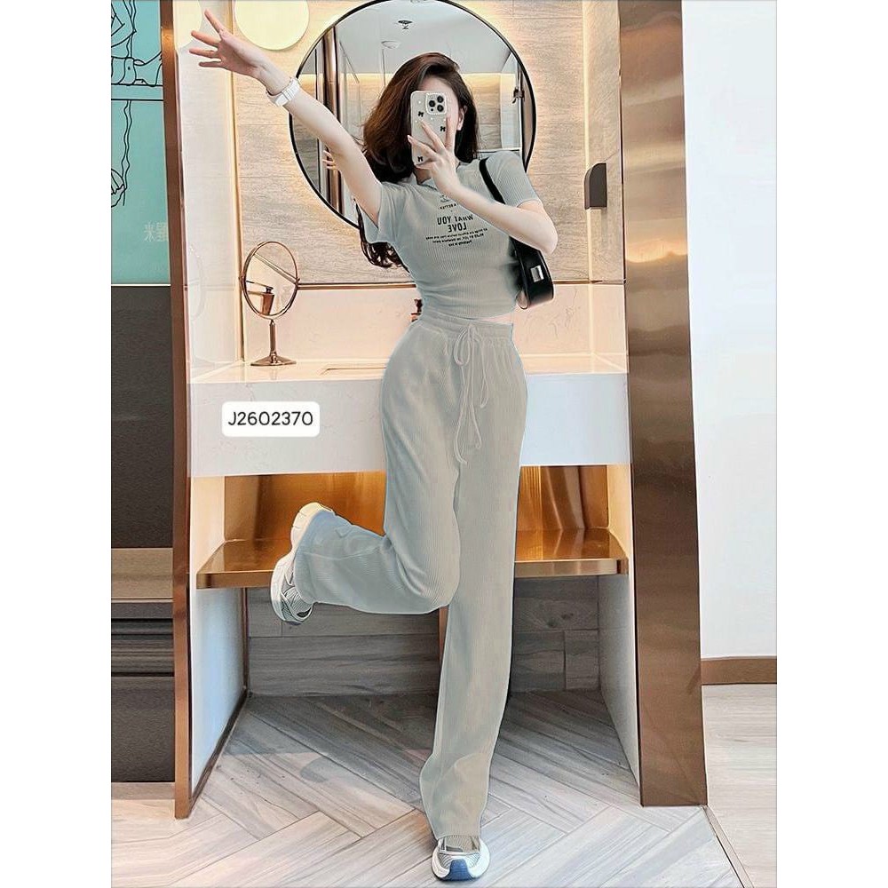 Set bộ thun thể thao nữ, set bộ thun tăm lạnh áo tay ngắn croptop in chữ mix quần dài ống rộng cá tính mtb