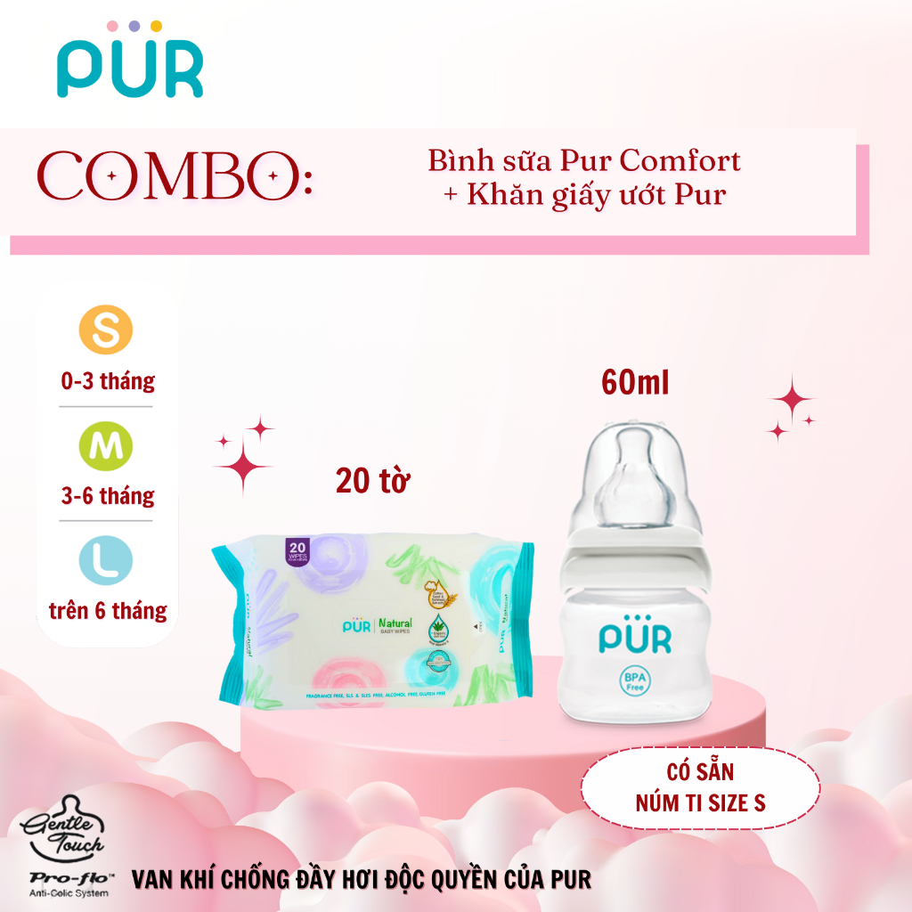 Ảnh Bình sữa Pur Comfort + núm mềm Advanced + khăn 20 tờ 1