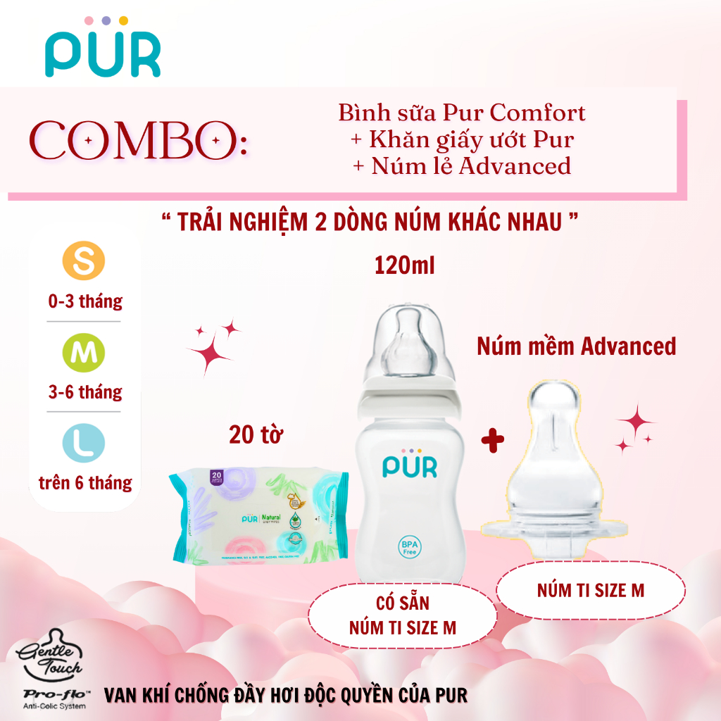 Ảnh Bình sữa Pur Comfort + núm mềm Advanced + khăn 20 tờ 2