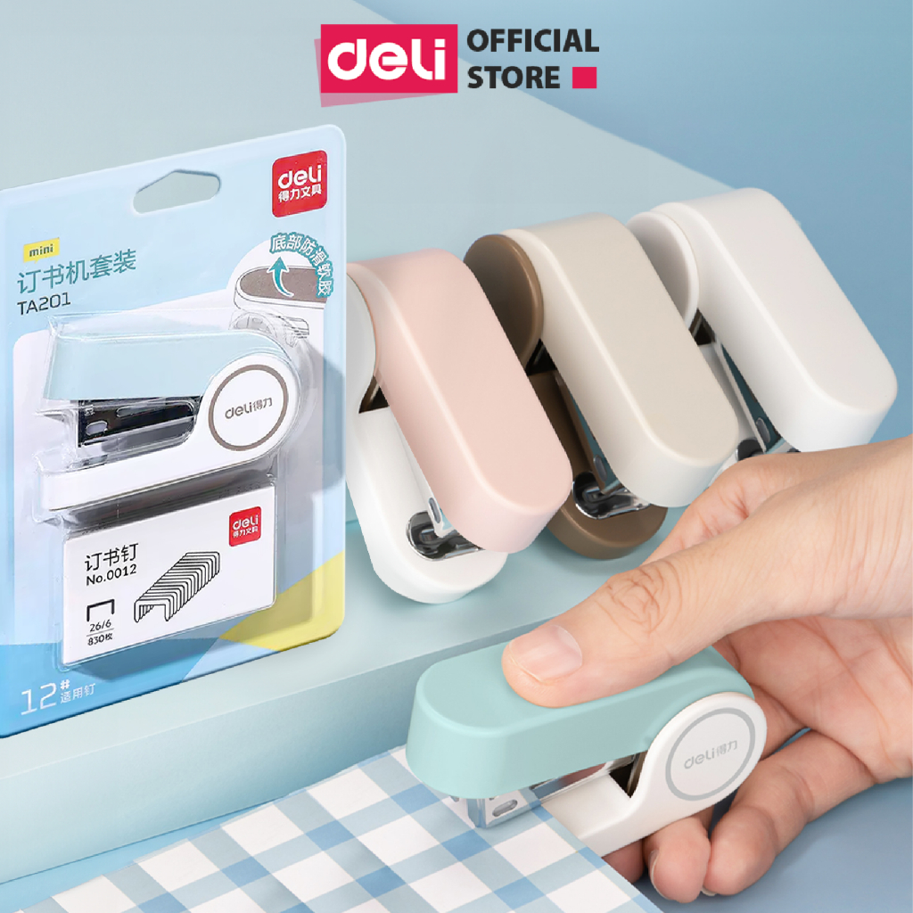 Dập ghim học sinh văn phòng mini Deli 25 trang, Ghim bấm giấy số 12 màu pastel dễ thương, nhỏ gọn, tiện lợi - Tặng ghim