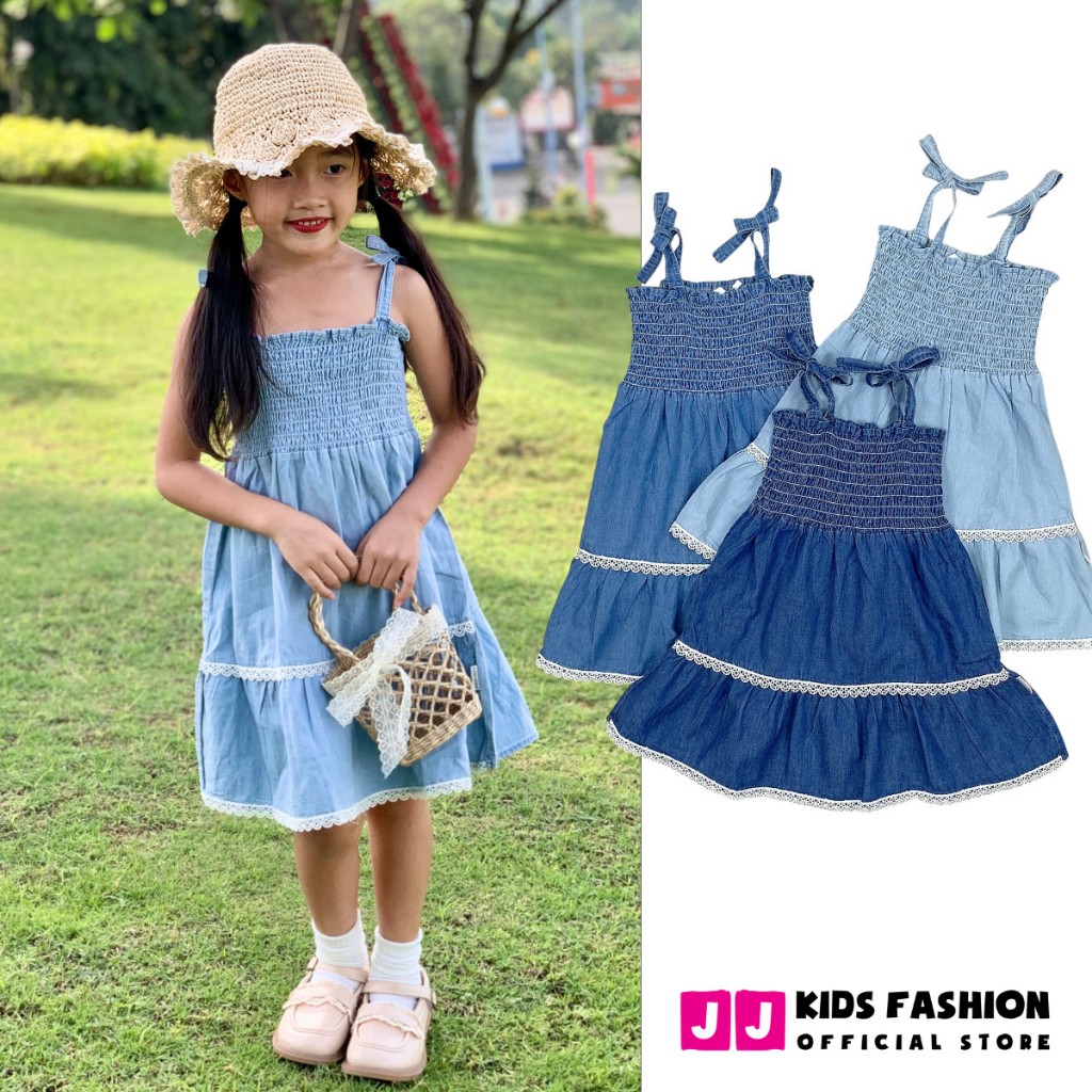 Váy mùa hè cho bé gái JJ Kids, thiết kế 2 dây chất liệu Jean giấy cho trẻ 2,3,4,5,6,7,8,9 tuổi