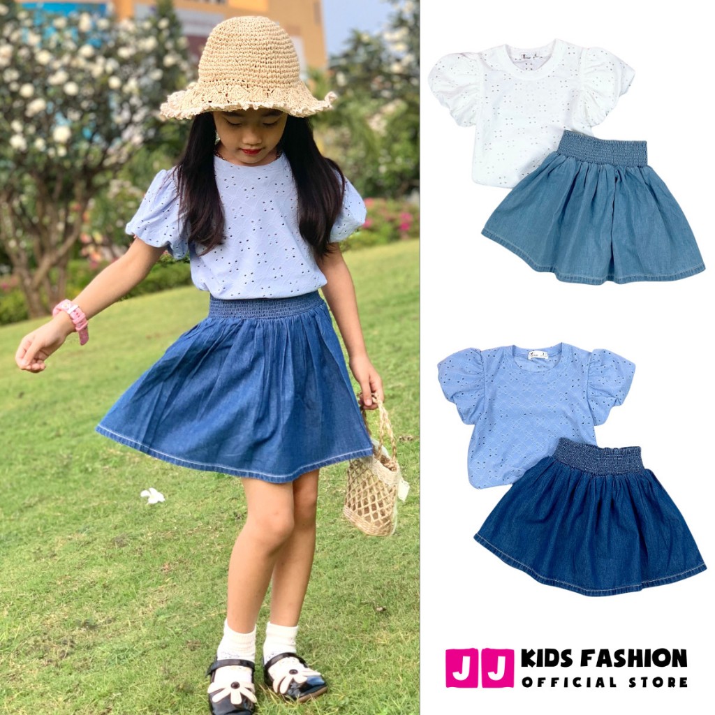 Váy mùa hè cho bé JJ Kids, váy đầm xòe Denim thêu hoa cao cấp cho trẻ em 2 đến 12 tuổi
