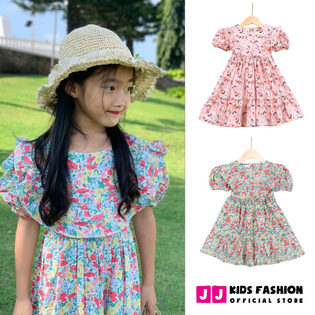 Váy mùa hè cho bé JJ Kids, chất vải kate họa tiết hoa xinh xắn cho trẻ em 2,3,4,5,6,7,8 tuổi