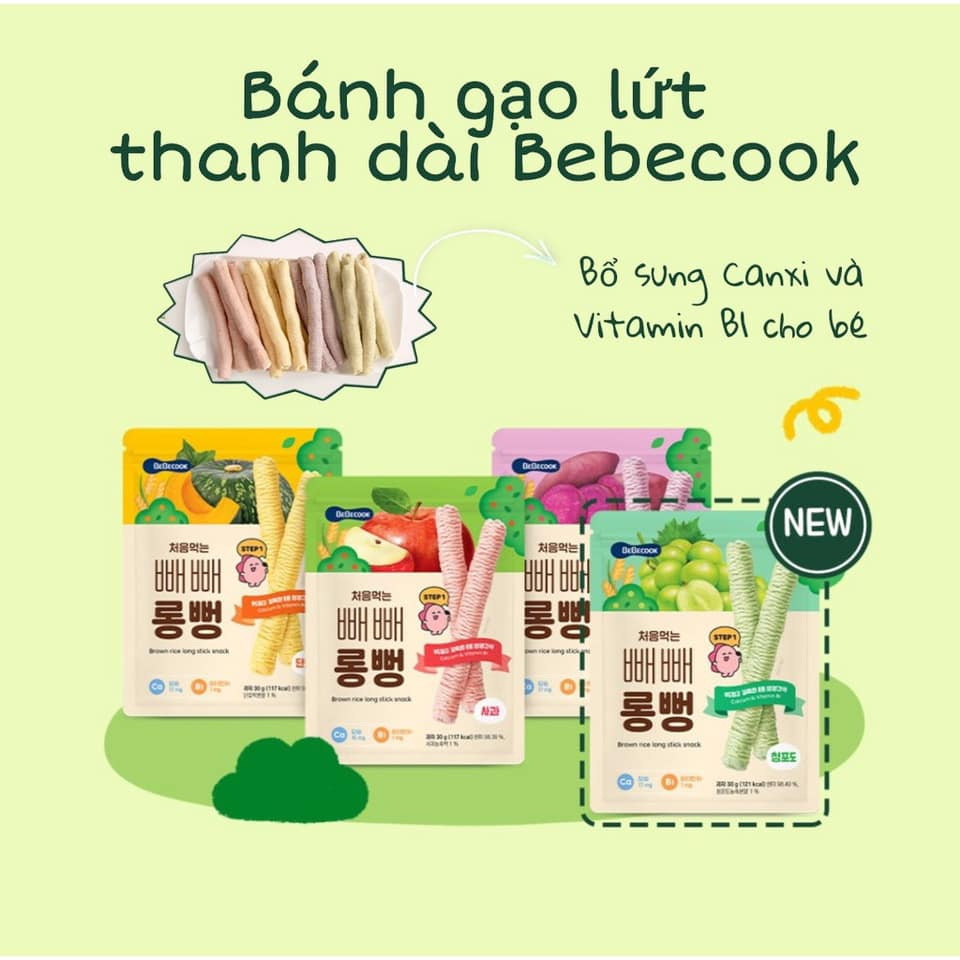 Bánh gạo lứt ăn dặm cho bé BeBecook thanh dài vừa vặn tay trẻ khi cầm gói 30gr TibongStore