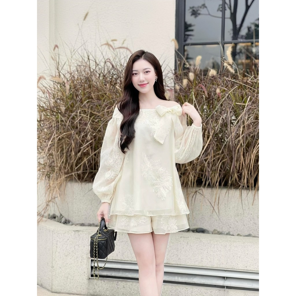 Set Áo Trễ Vai Tơ San Hô- P0863