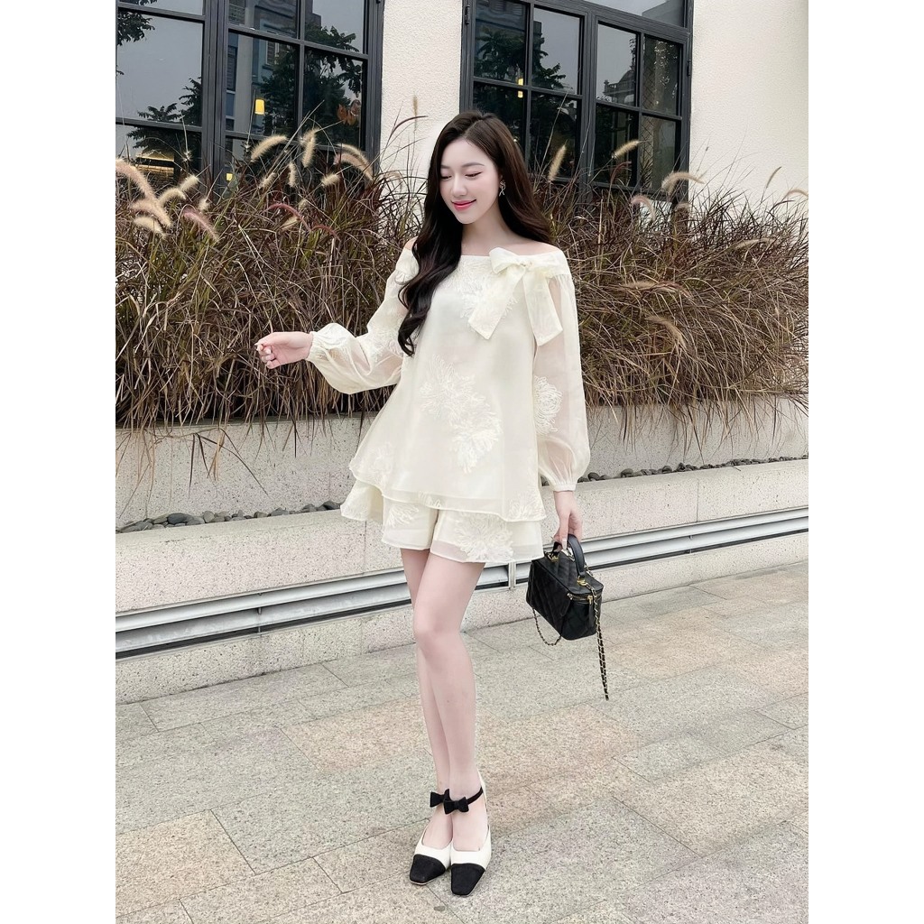 Set Áo Trễ Vai Tơ San Hô- P0863