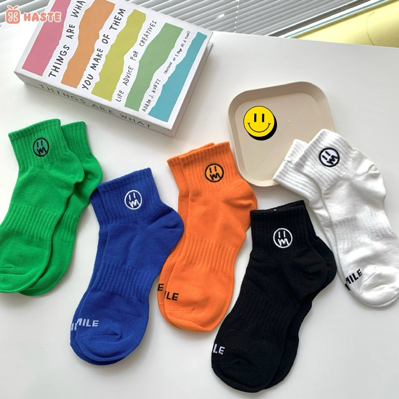 Tất Vớ Nam Nữ Cổ Lửng Unisex 5 Màu Thêu Nổi Hoạ Tiết Smile Mặt Cười Dễ Thương Hàn Quốc Chất Cotton Mềm Mại Thoáng Mát