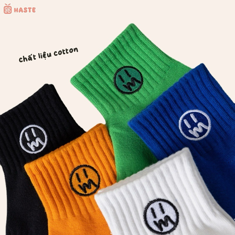 Tất Vớ Nam Nữ Cổ Lửng Unisex 5 Màu Thêu Nổi Hoạ Tiết Smile Mặt Cười Dễ Thương Hàn Quốc Chất Cotton Mềm Mại Thoáng Mát