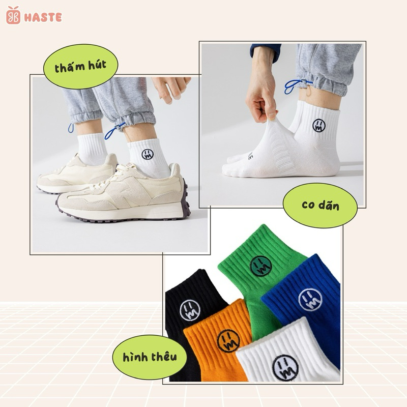 Tất Vớ Nam Nữ Cổ Lửng Unisex 5 Màu Thêu Nổi Hoạ Tiết Smile Mặt Cười Dễ Thương Hàn Quốc Chất Cotton Mềm Mại Thoáng Mát