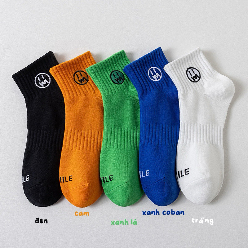 Tất Vớ Nam Nữ Cổ Lửng Unisex 5 Màu Thêu Nổi Hoạ Tiết Smile Mặt Cười Dễ Thương Hàn Quốc Chất Cotton Mềm Mại Thoáng Mát
