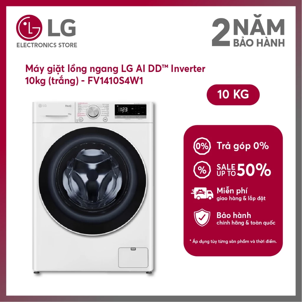 [Shopee - Lắp đặt 0Đ HN HCM] Máy Giặt LG Inverter 10 Kg FV1410S4W1 - Shopee Giao toàn quốc+chỉ lắp HN & HCM